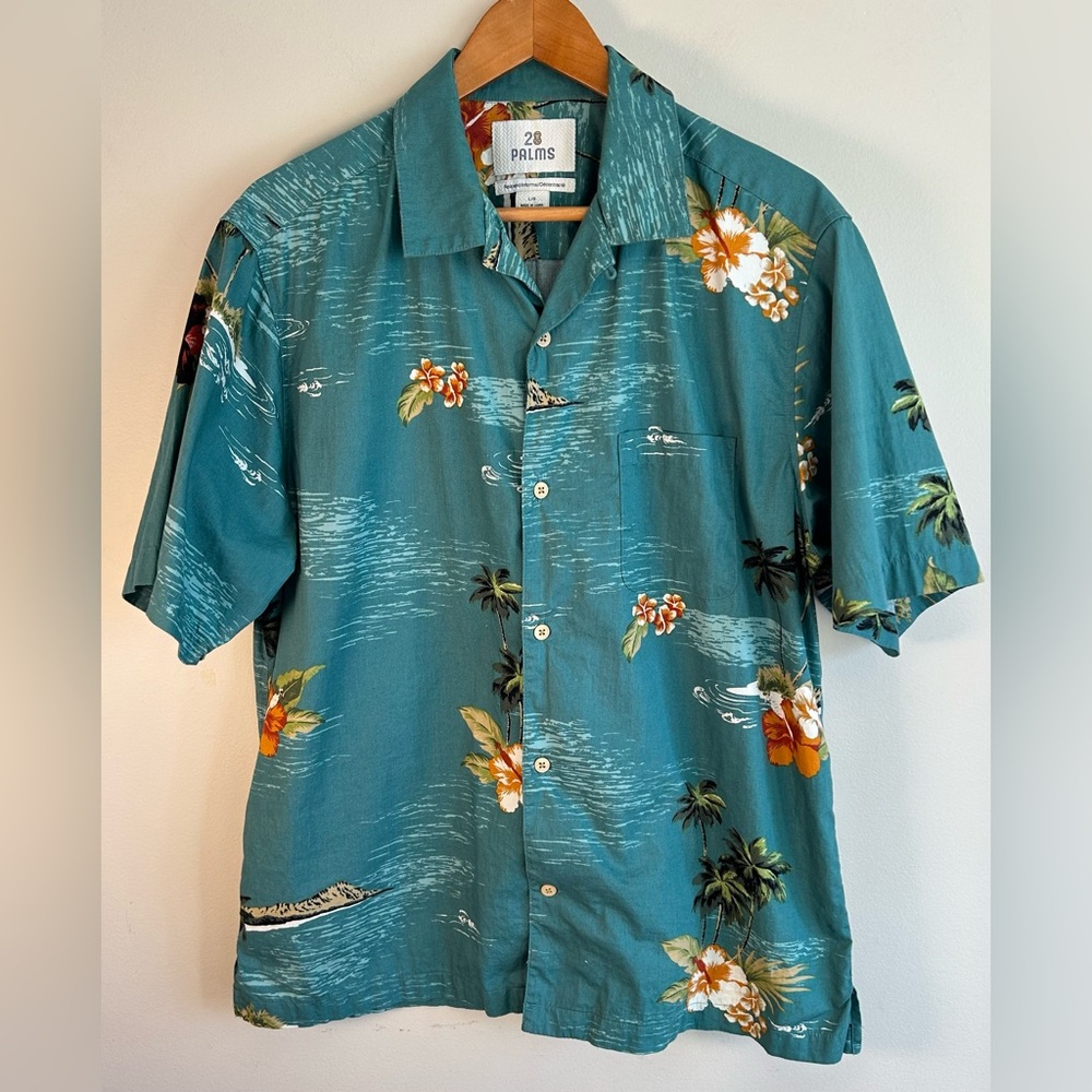 28 Palms Men's Hawaiian Floral Print Short Sleeve Collared Shirt Blue Green Sz L